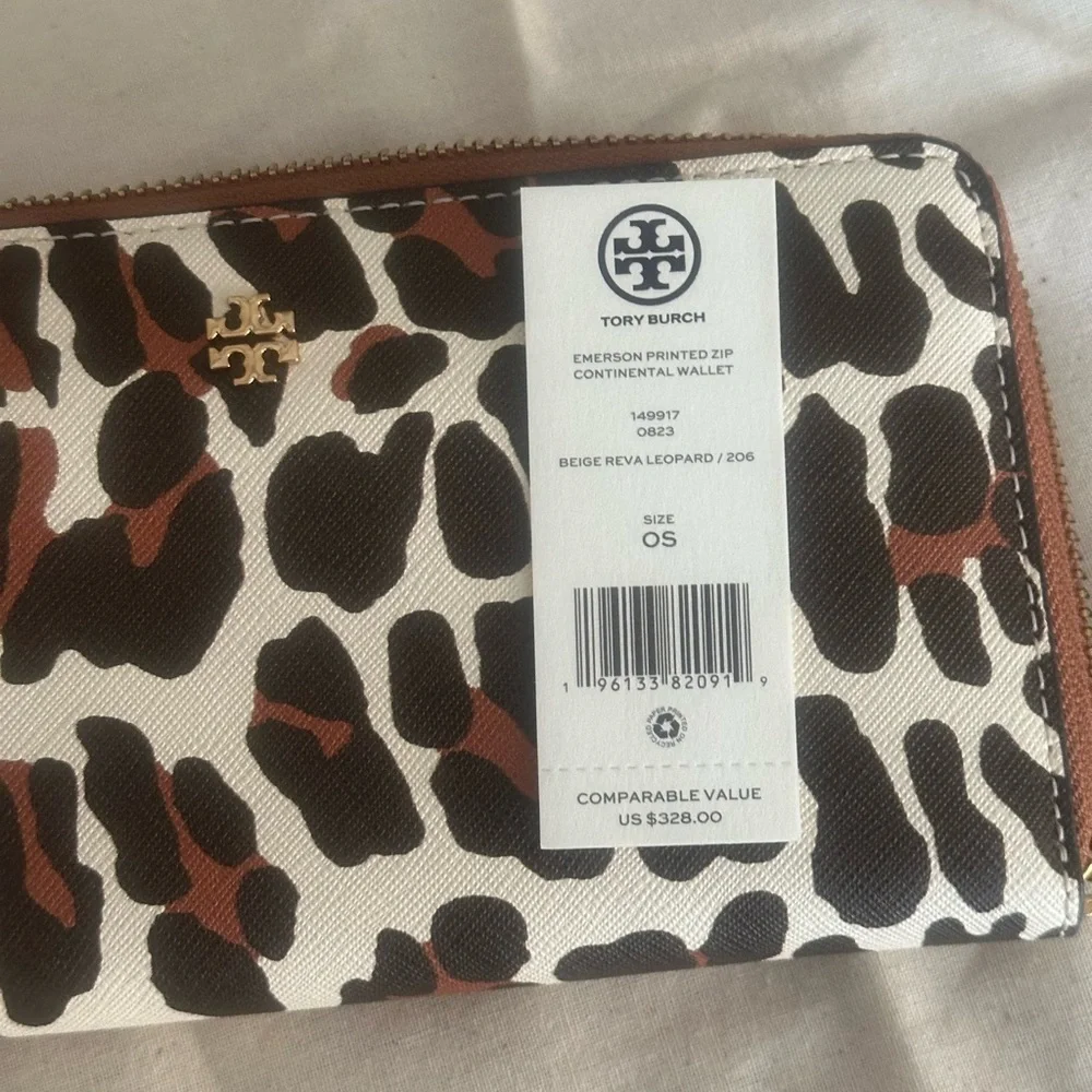 New Tory Burch EMERSON PRINTED ZIP CONTINENTAL WALLET BEIGE REVA LEOPARDS